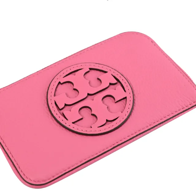 【TORY BURCH】經典雙T 荔枝皮革信用卡名片證件零錢包(桃粉)