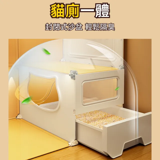 星優居家 貓籠 寵物籠 貓咪別墅 一體式貓砂盆 全景式貓籠 寵物屋 貓窩(三列三層-檸檬黃)