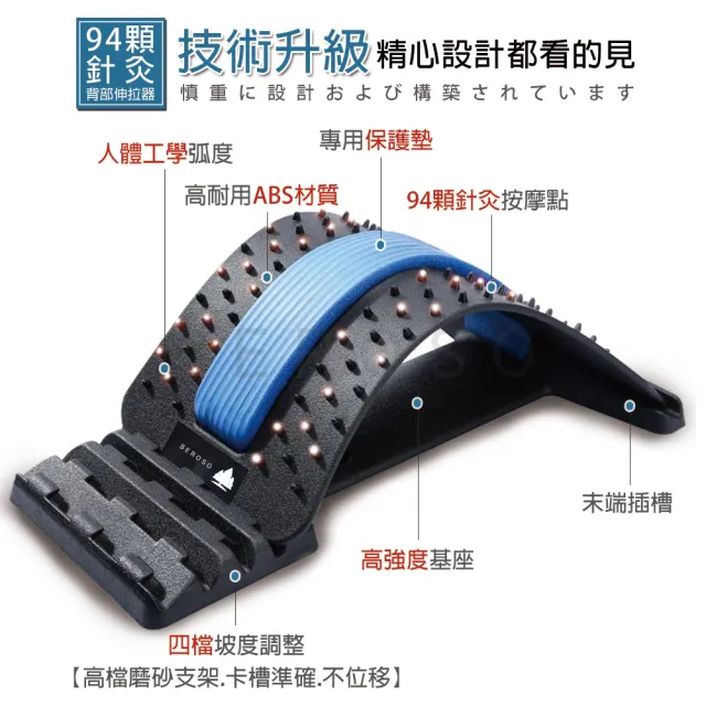 【Beroso 倍麗森】四段弧形腰椎按摩類針炙款拉背器C00003(背部伸展器/展脊 拉筋/開背/長輩禮物)