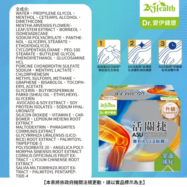 【2eHealth 愛伊健康】活關捷專利ASU活股醇石墨烯膏三入組(50ml/入 葡萄糖胺、軟骨素、MSM、玻尿酸)