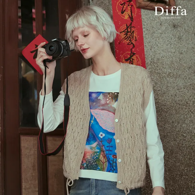 【Diffa】菱格拐花背心式線衫外套-女