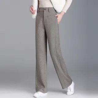 【MsMore】復古毛呢高腰闊腿加厚西裝直筒寬鬆拖地長褲#123637(黑/卡其)