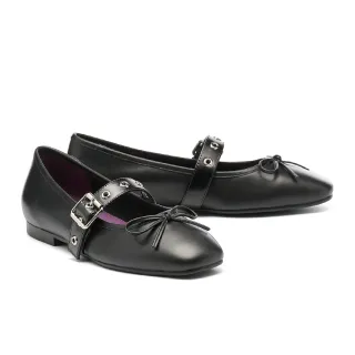 【MISS 21】叛逆搖滾蝴蝶結方釦繫帶全真皮羊皮拼接瑪莉珍平底鞋(黑)
