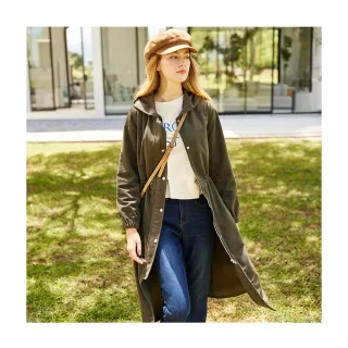 【en-suey 銀穗】燈心絨連帽腰抽繩長版外套-女