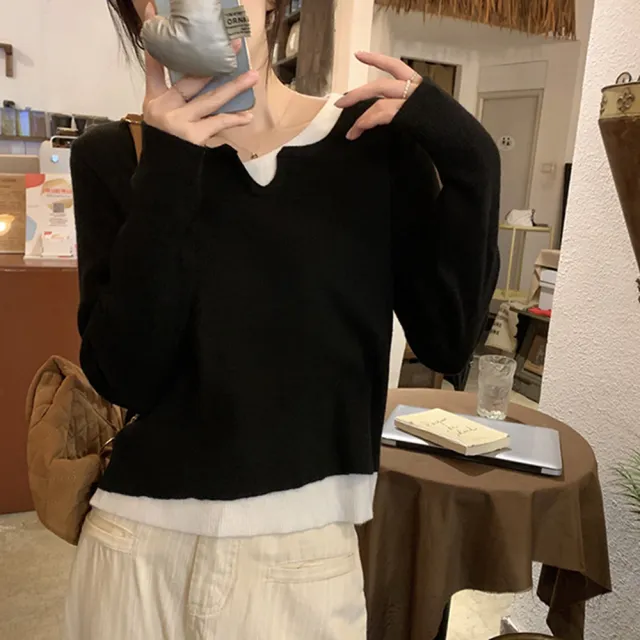 【MsMore】韓版撞色假兩件長袖洋氣內搭針織休閒毛衣短版上衣#123676(黑/灰/杏)