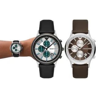 【EMPORIO ARMANI 官方直營】Renato系列 街頭風尚三眼計時手錶 皮革錶帶 43MM(2色可選)