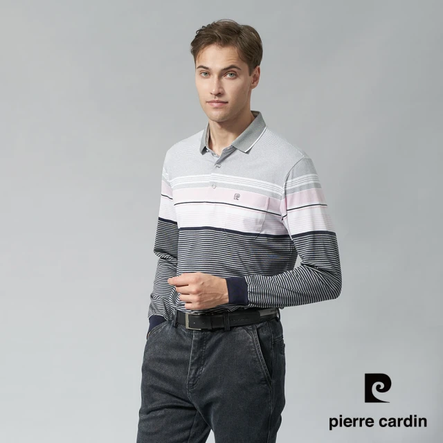 pierre cardin 皮爾卡登 商務休閒 男款 吸濕排汗定位橫條長袖POLO衫-灰色(5245250-96)