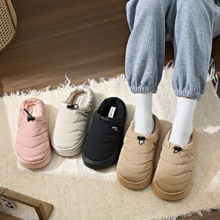 【Alberta】跟高3cm 保暖拖鞋室內戶外兩用包頭防寒防滑軟底抽繩麵包鞋 厚底鞋 4色