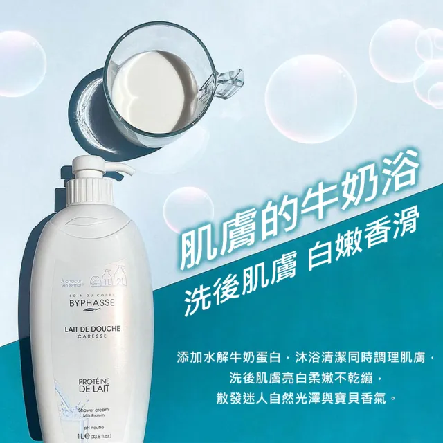 【BYPHASSE 蓓昂斯】牛奶蛋白沐浴乳1000ml+玫瑰果絲柔沐浴乳1000ml(清嫩亮白牛奶浴/奢華柔嫩玫瑰浴)