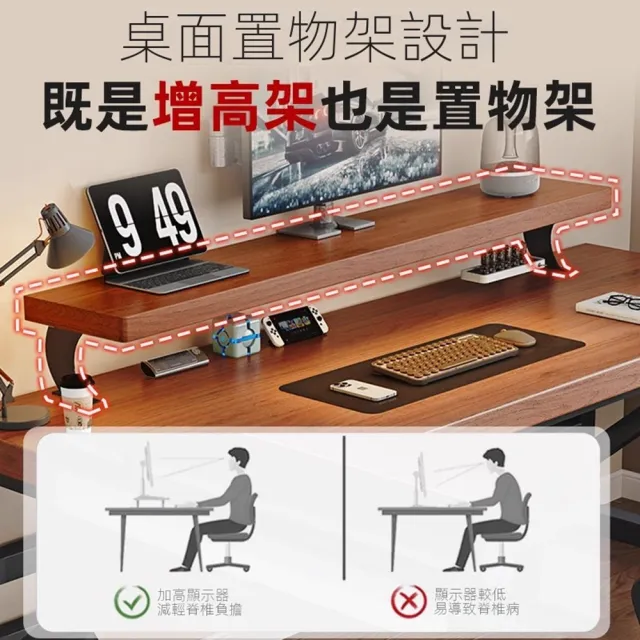 【耐家旗艦店】實木電腦桌 雙人電競桌 鐵藝書桌(140x50x75cm/橡膠木桌面/升級增高書架/雙橫桿/預購15天)