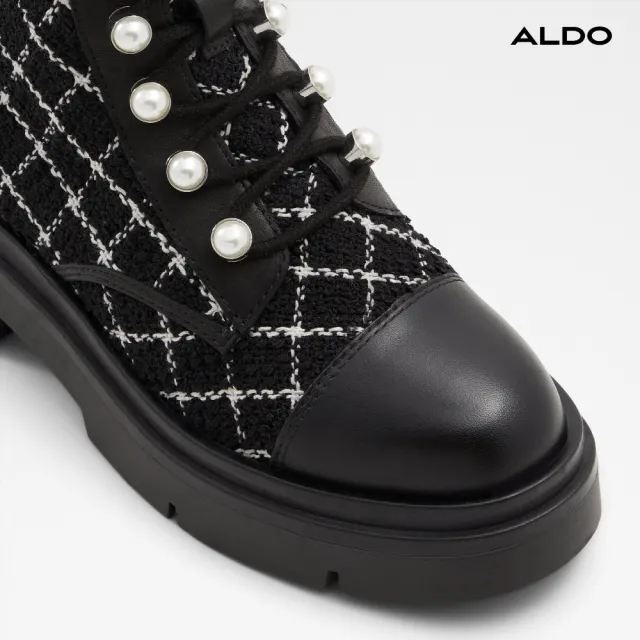 【ALDO】雙11★MARTHIA-菱格紋毛呢拼接綁帶中筒靴-女靴(黑白格紋)