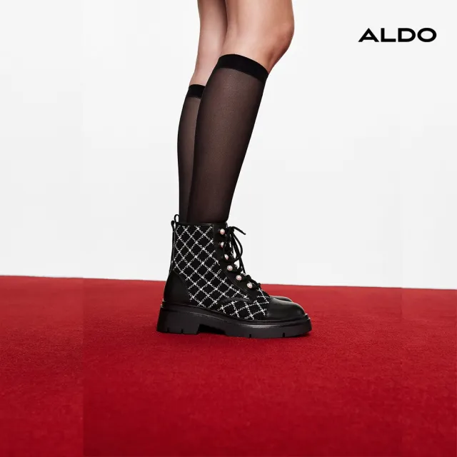 【ALDO】雙11★MARTHIA-菱格紋毛呢拼接綁帶中筒靴-女靴(黑白格紋)