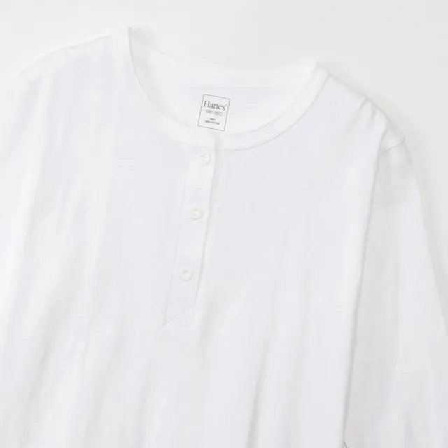【Hanes】官方直營-UNDIES系列 100%棉亨利領七分袖T恤內衣 經典設計款(白色)
