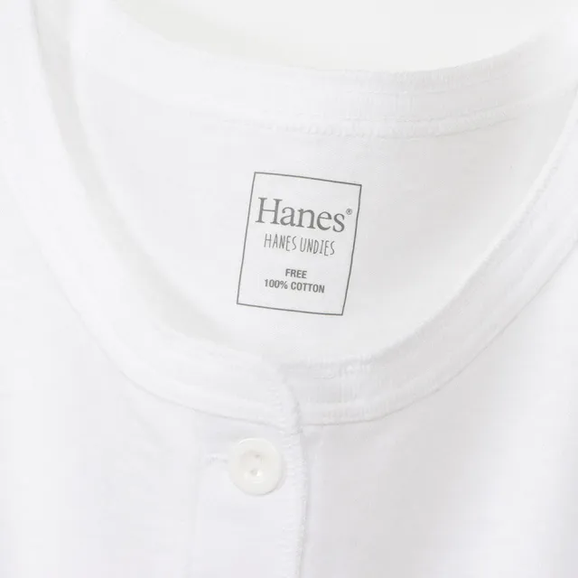 【Hanes】官方直營-UNDIES系列 100%棉亨利領七分袖T恤內衣 經典設計款(白色)