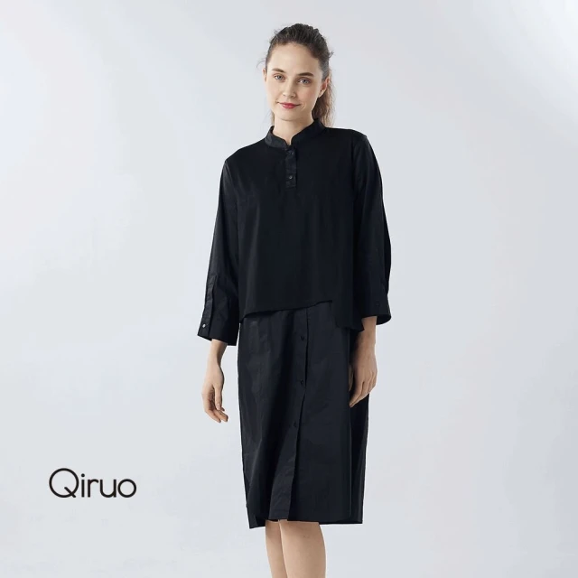 Qiruo 奇若名品 秋冬專櫃黑色洋裝3209F 雙布料兩件式設計(M-XL)