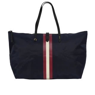 【BALLY】經典紅白條紋可折疊尼龍大款托特包_附收納袋(墨藍色)