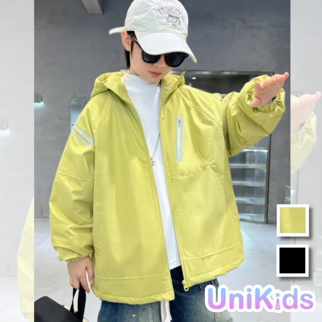 UniKids 中大童裝長袖連帽外套 簡約夾棉夾克衝鋒衣 男大童裝 CVBB079(黑夾棉 黃夾棉)