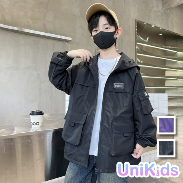 UniKids 中大童裝長袖連帽外套 工裝夾克衝鋒衣 男大童裝 CV2024006(黑 紫)