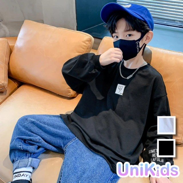 UniKids 中大童裝長袖T恤 愛心刺繡字母 男大童裝女大童裝 CVTGX8705(白 黑)