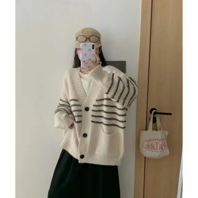 【米蘭精品】現貨+預購 針織外套長袖毛衣(V領條紋雙口袋鈕扣女外套4色74ik87)