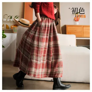 【初色】復古文藝加厚格紋鬆緊腰荷葉邊傘裙A字裙毛呢中長裙半身裙-共2色-38605(F可選)