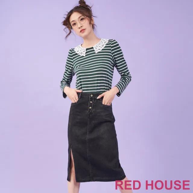 【RED HOUSE 蕾赫斯】俏麗蕾絲領條紋上衣(綠色)