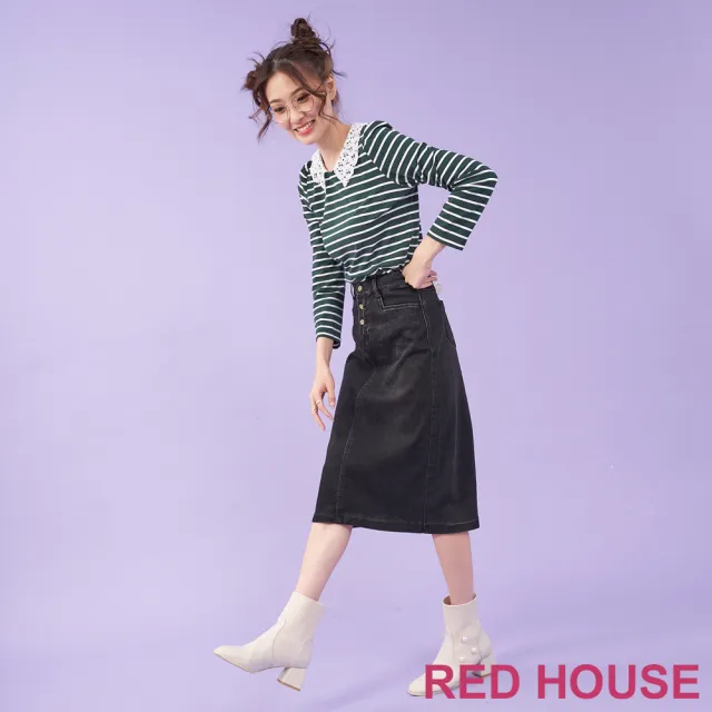 【RED HOUSE 蕾赫斯】俏麗蕾絲領條紋上衣(綠色)