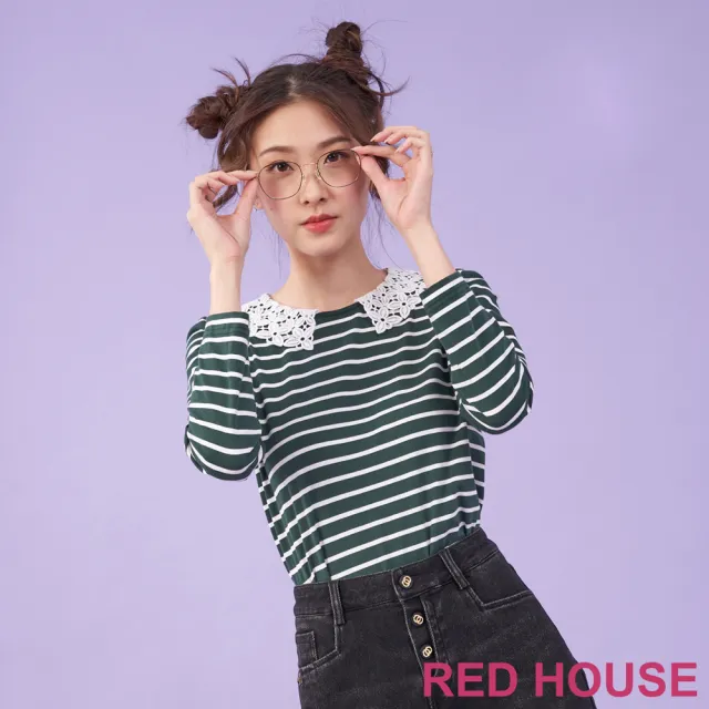 【RED HOUSE 蕾赫斯】俏麗蕾絲領條紋上衣(綠色)