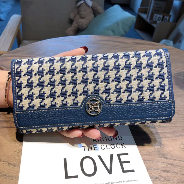 【MoonDy】皮夾 長夾 長夾 千鳥紋包包 帆布長夾 長款錢包 女皮夾 牛皮夾 禮物 精