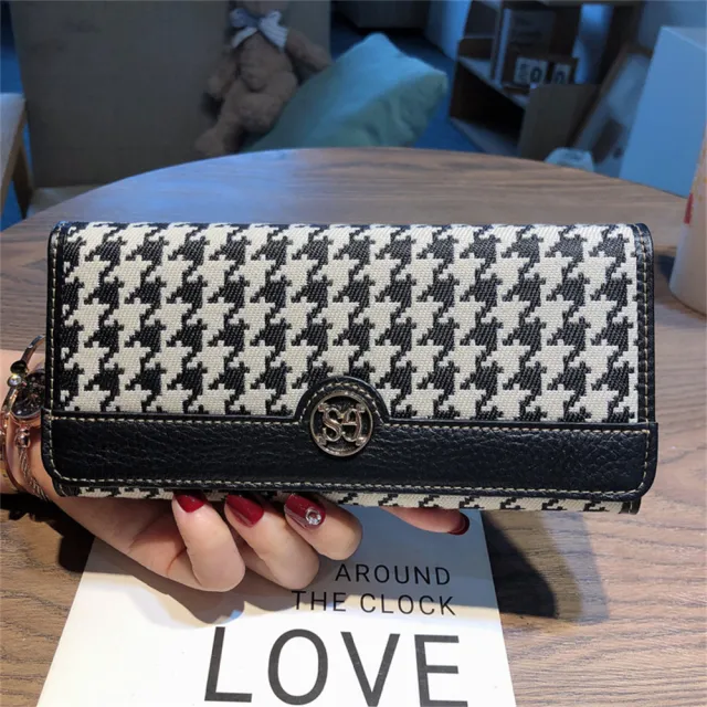 【MoonDy】皮夾 長夾 長夾 千鳥紋包包 帆布長夾 長款錢包 女皮夾 牛皮夾 禮物 精