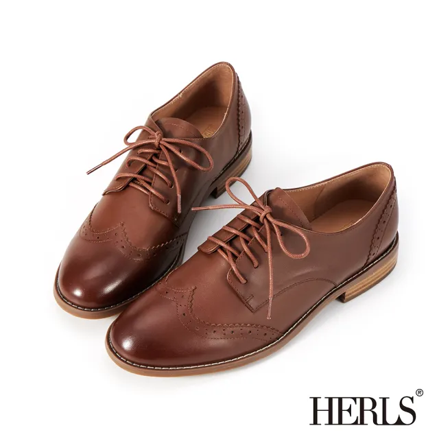 【HERLS】牛津鞋-全真皮圓頭翼紋沖孔低跟德比鞋(栗棕色)