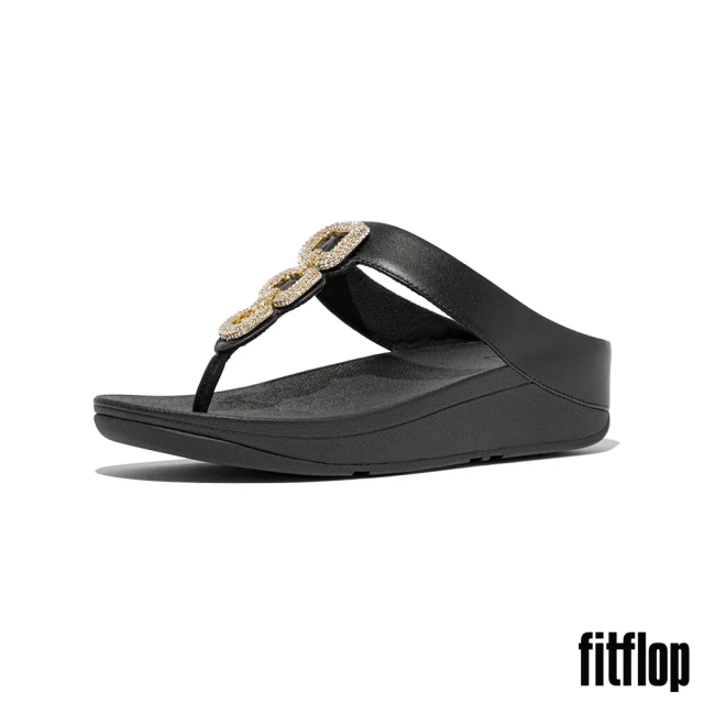 FitFlop FINO 水鑽環鏈皮革夾腳藍涼鞋-女(黑色)