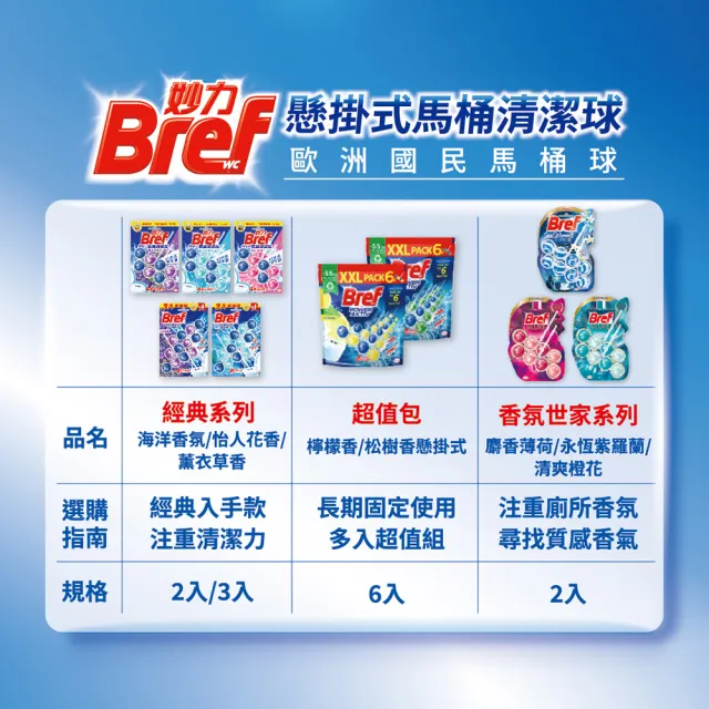 【Bref 妙力】懸掛式馬桶清潔球50g*2-共6串(麝香薄荷 永恆紫羅蘭 清爽橙花)