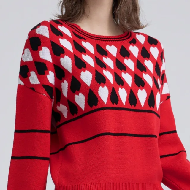 【ILEY 伊蕾】戀愛系雙色愛心羊毛針織上衣(紅；M-XL；1244465502)