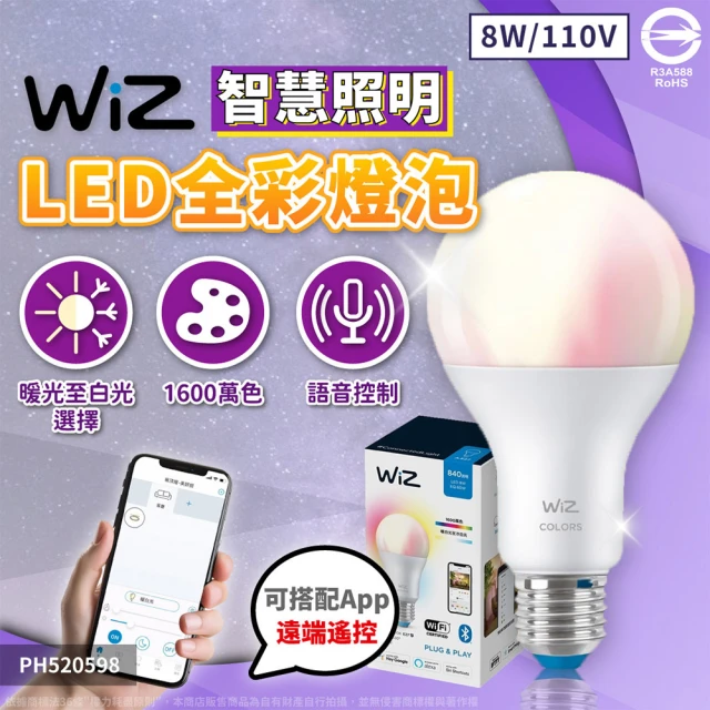 Philips 飛利浦 4入組 LED WiZ 8W LED 全彩燈泡 110V APP手機控制 調光調色 智慧照明 球泡燈(PW04N)