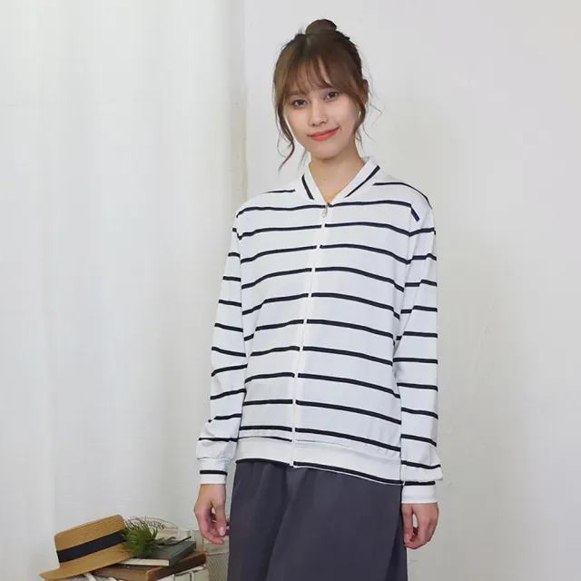【Hana Mokuba】花木馬日系女裝輕薄拉鏈式立領條紋外套(外套)