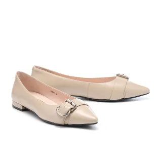 【MELROSE】美樂斯 典雅氣質方釦寬帶全真皮尖頭低跟鞋(灰米)