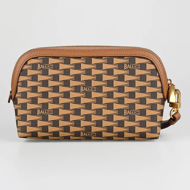 【BALLY】BALLY Pennan金字LOGOt三角旗印花塗層皮革皮革邊飾手拿包(棕x褐)