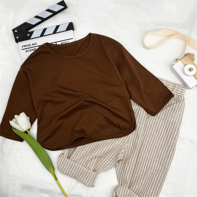 【安朵童舖】現貨韓版兒童薄款寬鬆七分袖上衣女童素色七分袖T恤男童內搭長袖上衣童裝(24/032)