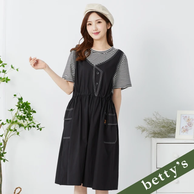 betty’s 貝蒂思 假兩件拼接抽繩條紋牛仔洋裝(黑色)