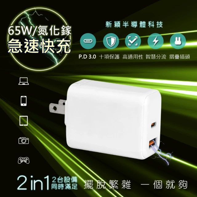 KINYO 65W氮化鎵迷你充電器/快充豆腐頭/PDCB-067(筆電快充/USB-A/Type-C)