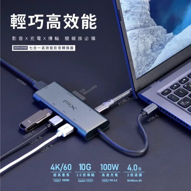 【PX 大通-】7合1快充Type C hub轉接HDMI USB集線器100W瓦4k七合一 Hub SD 4.0多功能擴充座mac(UCH-2110S)