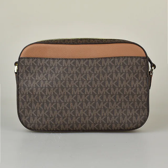 【Michael Kors】MK MICHAEL KORS JET SET EW金字LOGO拉鍊鍊帶造型設計PVC斜背相機包(大/橡子棕x棕)