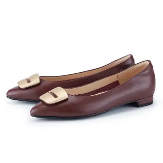 【ORIN】時髦金屬方牌尖頭低跟鞋(酒紅)