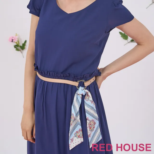 【RED HOUSE 蕾赫斯】素面V領抽褶洋裝-不含腰帶(藍色)