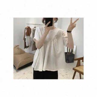 【Very Buy 非常勸敗】女式鹽系寬鬆大尺碼圓領小清新短袖娃娃衫苧麻不規則棉麻襯衫女上衣