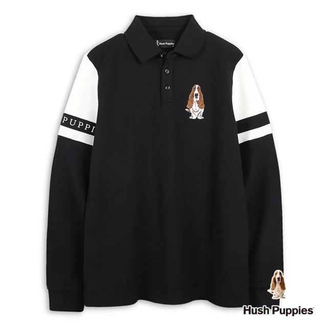 Hush Puppies 男裝 POLO衫 經典配色剪接刺繡狗長袖POLO衫(黑色 / 44101104)