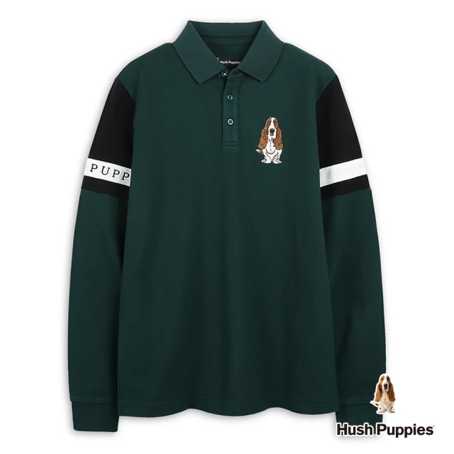 Hush Puppies 男裝 POLO衫 經典配色剪接刺繡狗長袖POLO衫(墨綠 / 44101104)