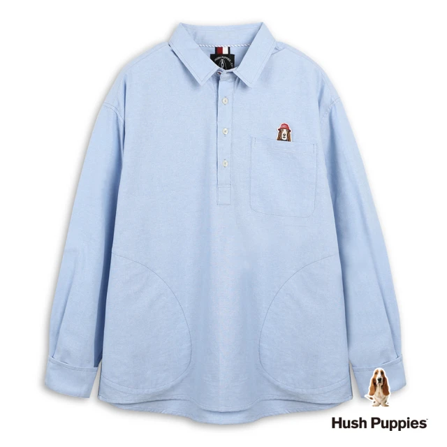 Hush Puppies 男裝 襯衫 半開襟刺繡漁夫帽狗寬版襯衫(水藍 / 44112106)