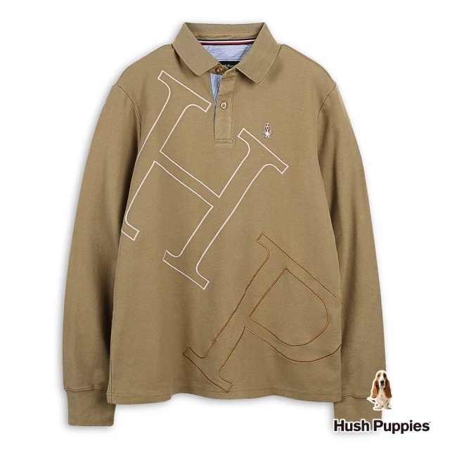 Hush Puppies 男裝 POLO衫 質感配色HP刺繡小狗長袖POLO衫(淺咖啡 / 44101108)